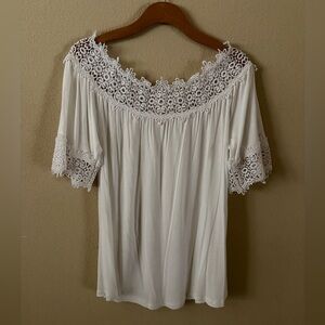 Lascana White Lace Trim Short Sleeve Flowy Bohemian Style Blouse